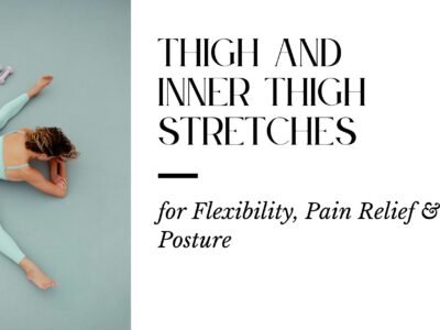 Person performing thigh and inner thigh stretches on a mat, focusing on improving flexibility, mobility, and muscle recovery.