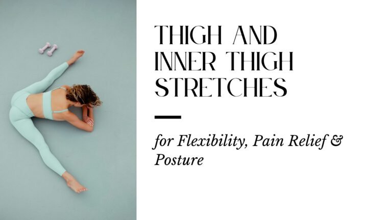 Person performing thigh and inner thigh stretches on a mat, focusing on improving flexibility, mobility, and muscle recovery.