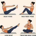 Person in All Variations of Boat Pose with hands in prayer position, rotating torso and elbow toward the opposite knee to activate obliques.
