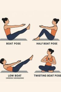 Person in All Variations of Boat Pose with hands in prayer position, rotating torso and elbow toward the opposite knee to activate obliques.