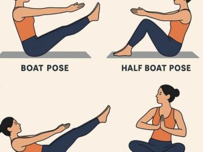 Person in All Variations of Boat Pose with hands in prayer position, rotating torso and elbow toward the opposite knee to activate obliques.