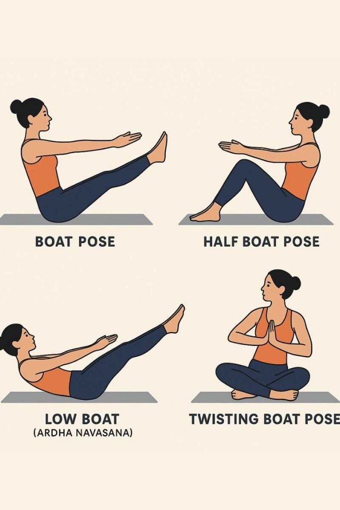 Person in All Variations of Boat Pose with hands in prayer position, rotating torso and elbow toward the opposite knee to activate obliques.