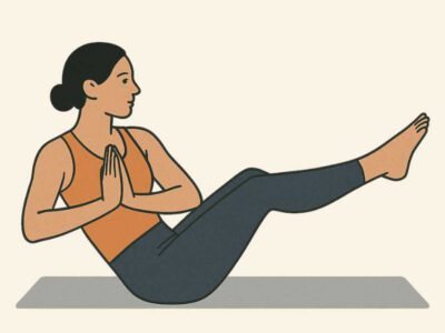 Person in Twisting Boat Pose with hands in prayer position, rotating torso and elbow toward the opposite knee to activate obliques.