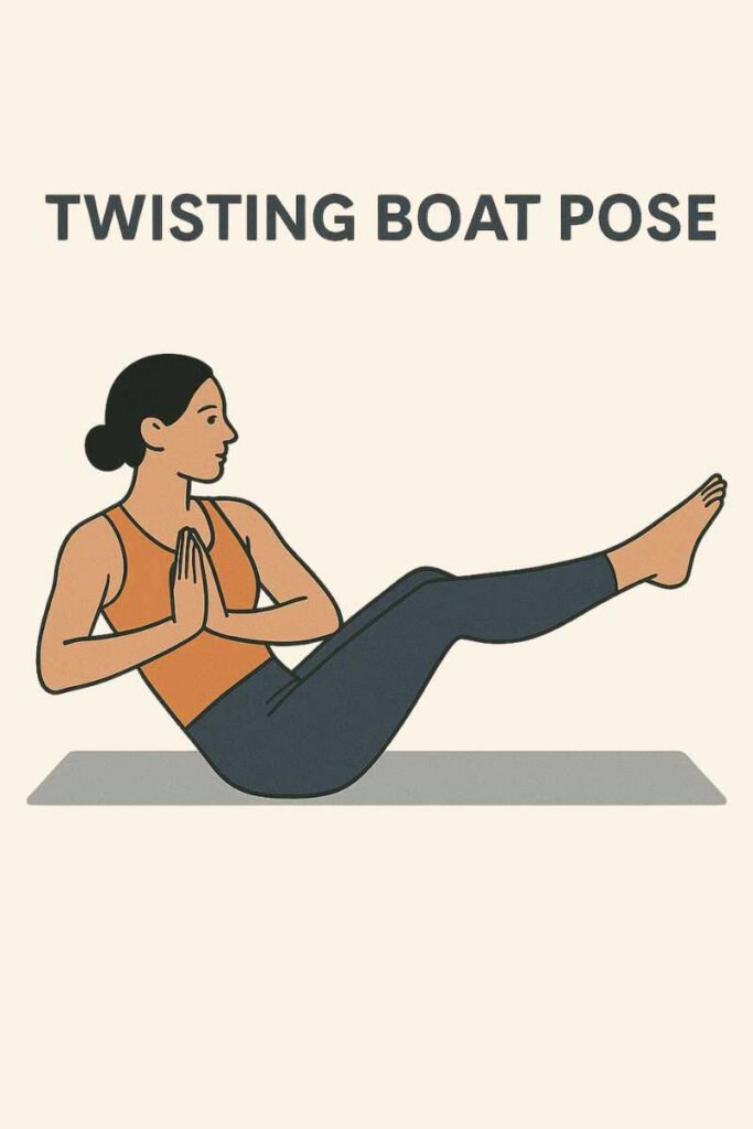 Person in Twisting Boat Pose with hands in prayer position, rotating torso and elbow toward the opposite knee to activate obliques.