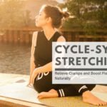 Peaceful woman practicing a gentle yoga stretch on a mat in a softly lit room, symbolizing cycle-based stretching for menstrual health, emotional balance, and hormonal support.
