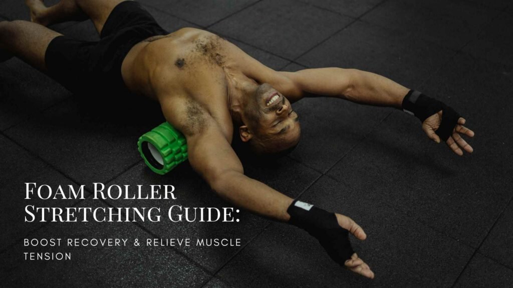 Person using a foam roller on their upper back while lying on a yoga mat, demonstrating self-myofascial release to relieve muscle tension and improve flexibility through targeted pressure and controlled movement.