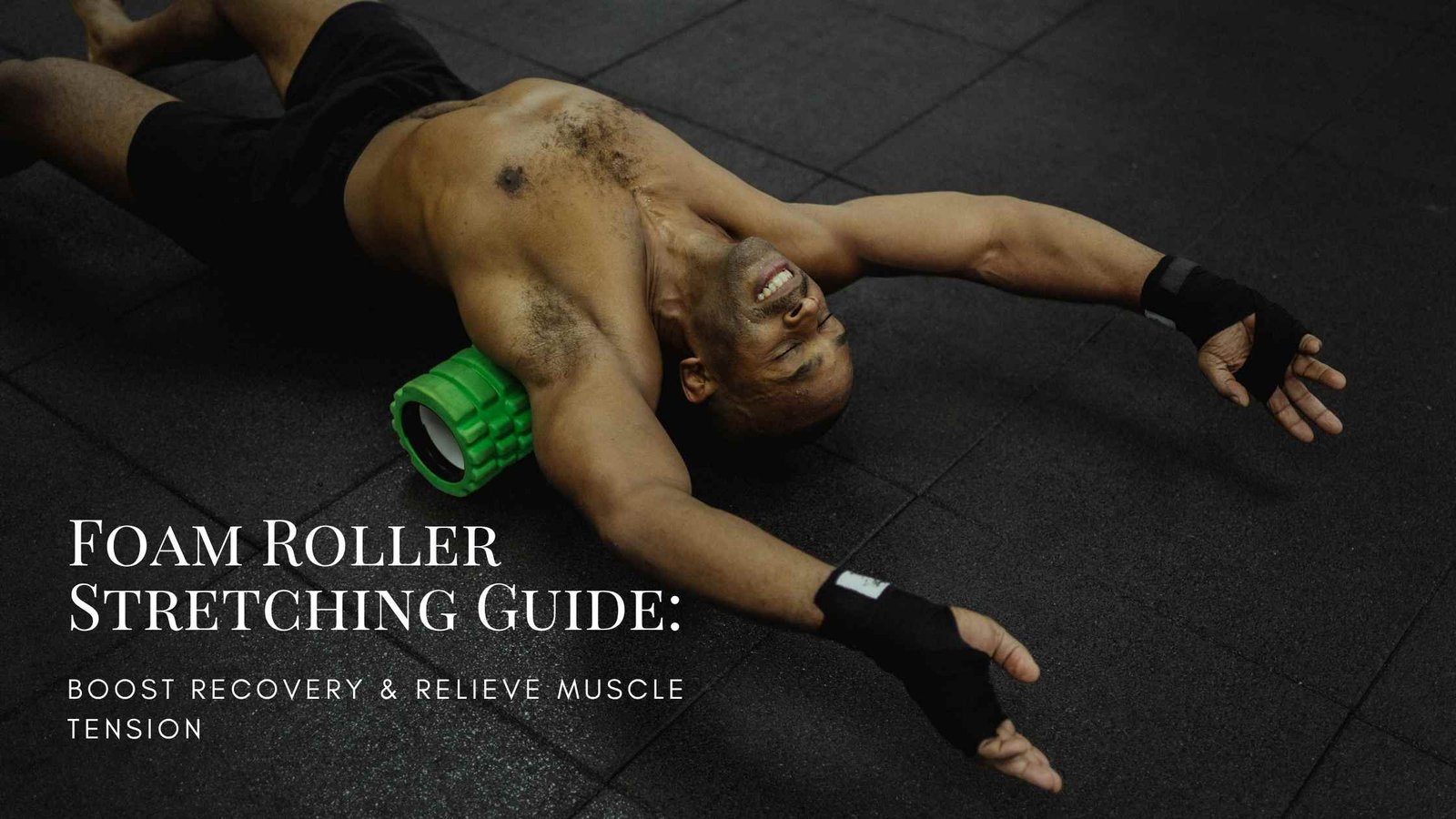 Person using a foam roller on their upper back while lying on a yoga mat, demonstrating self-myofascial release to relieve muscle tension and improve flexibility through targeted pressure and controlled movement.
