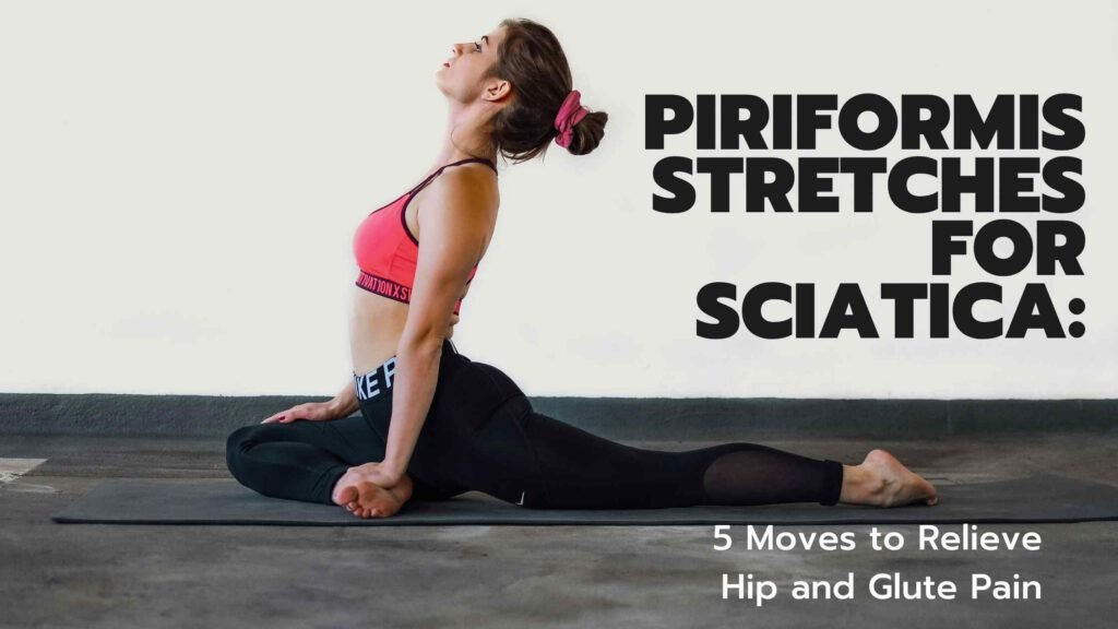 Person lying on a yoga mat in the figure-4 stretch position, with one ankle crossed over the opposite knee and hands pulling the leg toward the chest—demonstrating a gentle piriformis stretch to relieve sciatic nerve pain and hip tightness.