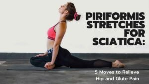 Person lying on a yoga mat in the figure-4 stretch position, with one ankle crossed over the opposite knee and hands pulling the leg toward the chest—demonstrating a gentle piriformis stretch to relieve sciatic nerve pain and hip tightness.