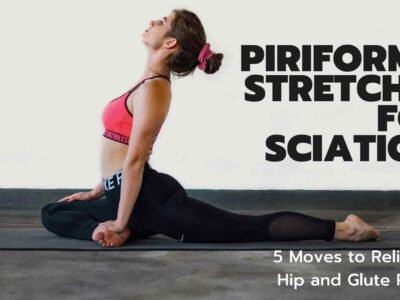 Person lying on a yoga mat in the figure-4 stretch position, with one ankle crossed over the opposite knee and hands pulling the leg toward the chest—demonstrating a gentle piriformis stretch to relieve sciatic nerve pain and hip tightness.