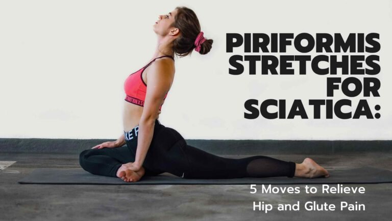 Person lying on a yoga mat in the figure-4 stretch position, with one ankle crossed over the opposite knee and hands pulling the leg toward the chest—demonstrating a gentle piriformis stretch to relieve sciatic nerve pain and hip tightness.