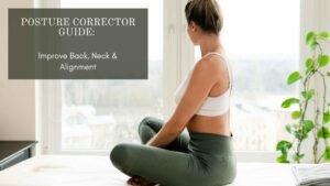 Person wearing a posture corrector strap over athletic wear, standing tall with shoulders aligned and head upright, while a stretch therapist assists another client in a spinal mobility stretch in the background.