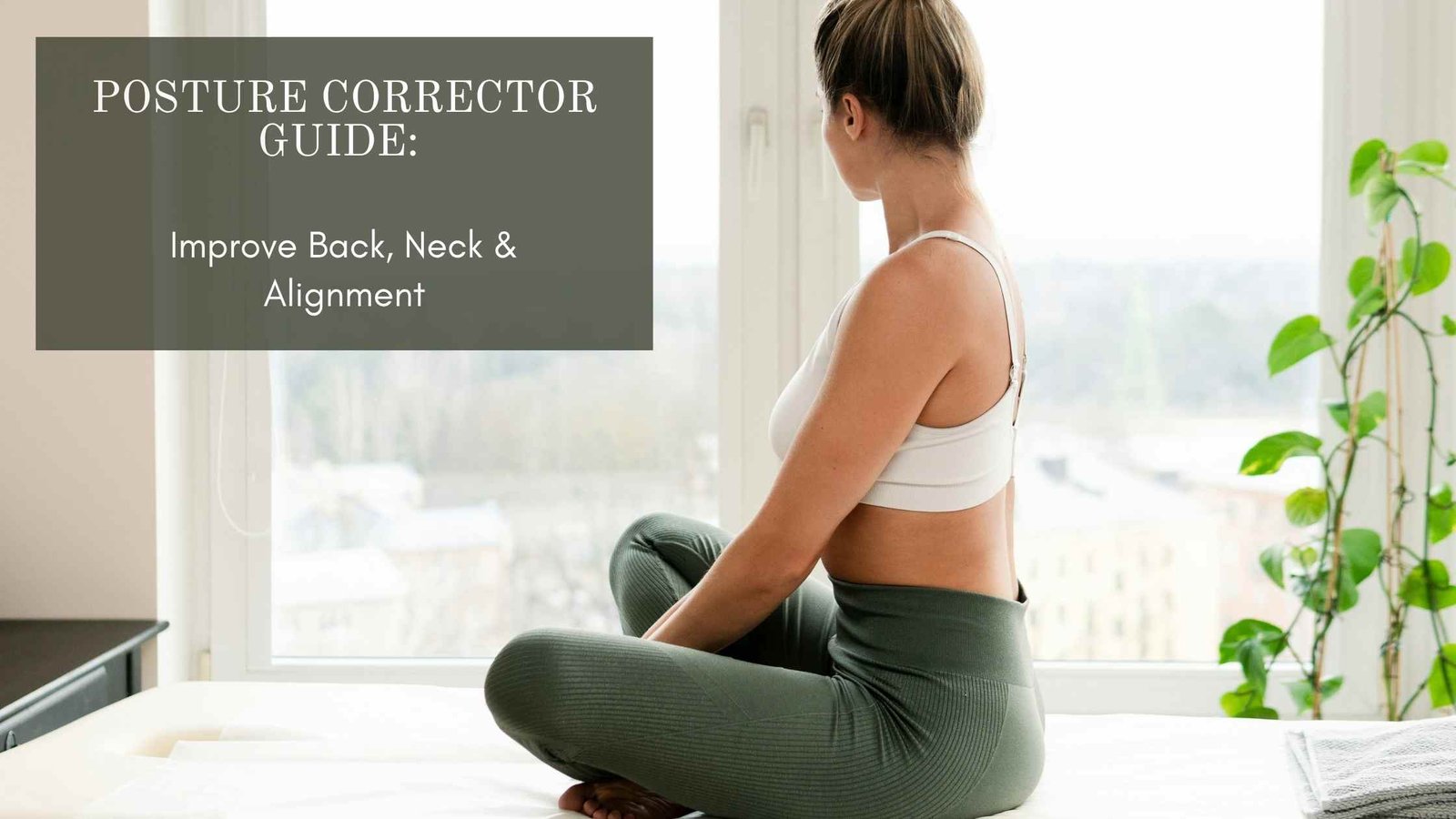 Person wearing a posture corrector strap over athletic wear, standing tall with shoulders aligned and head upright, while a stretch therapist assists another client in a spinal mobility stretch in the background.