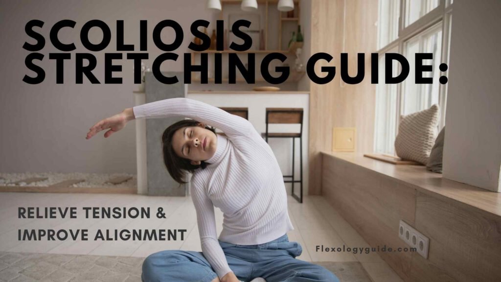 Person performing a side-bending stretch on a yoga mat, with gentle posture and a relaxed spine, illustrating stretching exercises designed to relieve scoliosis-related muscle tension and improve spinal alignment.