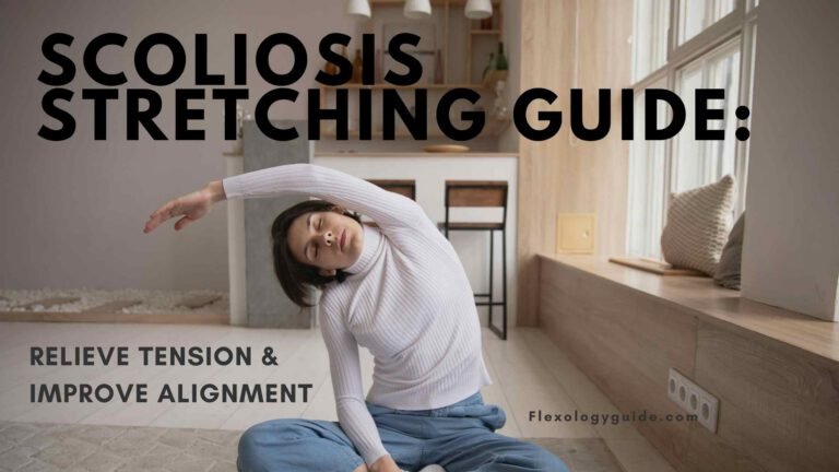 Person performing a side-bending stretch on a yoga mat, with gentle posture and a relaxed spine, illustrating stretching exercises designed to relieve scoliosis-related muscle tension and improve spinal alignment.