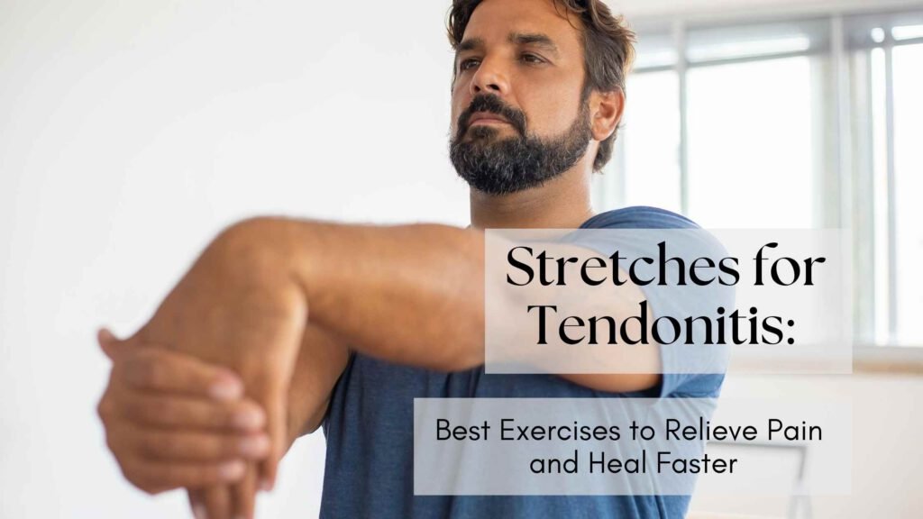 Person performing a gentle wrist stretch at a desk, demonstrating tendonitis relief techniques through targeted stretching for pain reduction and mobility improvement.