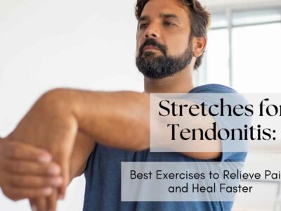 Person performing a gentle wrist stretch at a desk, demonstrating tendonitis relief techniques through targeted stretching for pain reduction and mobility improvement.