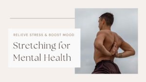 Person sitting cross-legged on a yoga mat in a peaceful room, gently stretching with eyes closed and soft lighting, representing the calming and mindful benefits of stretching for mental health and emotional balance.