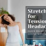 Person seated with eyes closed, gently stretching their neck to the side with one hand, illustrating a calming tension headache relief routine through neck and shoulder stretches.