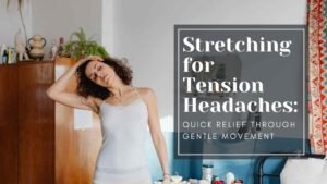 Person seated with eyes closed, gently stretching their neck to the side with one hand, illustrating a calming tension headache relief routine through neck and shoulder stretches.