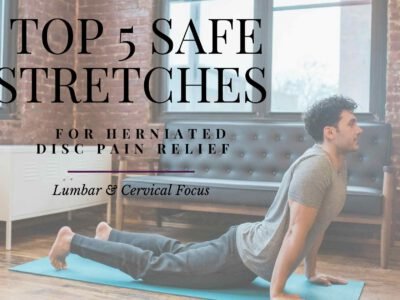 Person lying on a yoga mat in a supported Child’s Pose with a cushion under their chest—demonstrating a gentle spinal decompression stretch for herniated disc relief in the lower back.