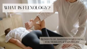 Flexologist guiding a client through a personalized assisted stretch on a padded table in a bright studio—demonstrating a Flexology session focused on improving mobility, flexibility, and recovery.