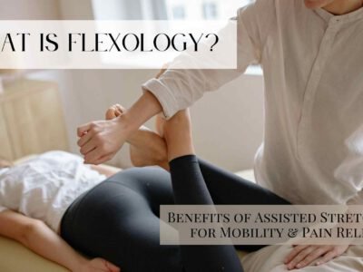 Flexologist guiding a client through a personalized assisted stretch on a padded table in a bright studio—demonstrating a Flexology session focused on improving mobility, flexibility, and recovery.