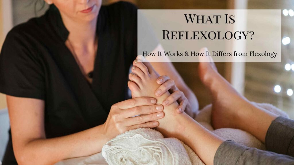Certified reflexologist applying pressure to the sole of a client’s foot in a calm wellness studio, illustrating reflexology’s connection between foot zones and internal organ health.