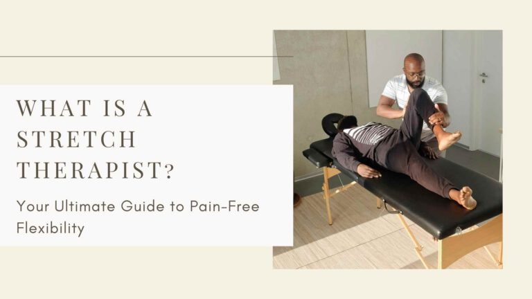Stretch therapist assisting a client in a controlled leg stretch on a padded table, demonstrating hands-on flexibility work for pain relief, mobility improvement, and posture correction.