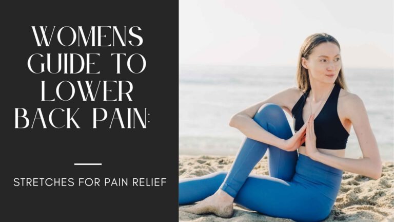 Woman lying on a yoga mat in reclined pigeon pose, gently stretching her hips and lower back—illustrating a calming stretch for sciatic nerve relief during the menstrual cycle.
